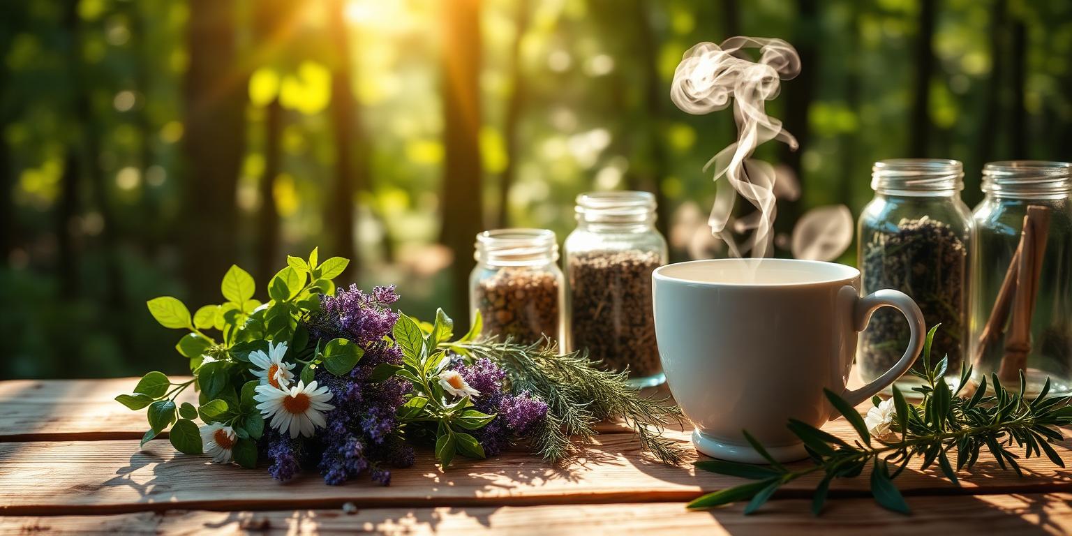 Herbs and herbal tea on a wooden table in a sunlit forest