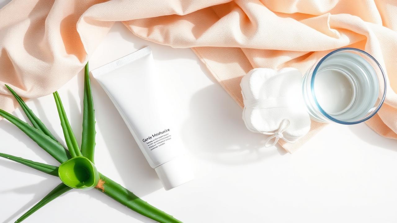 Gentle moisturiser, aloe vera and water on a clean surface