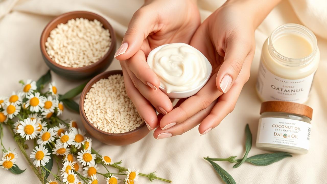 Hands holding gentle natural cream with chamomile