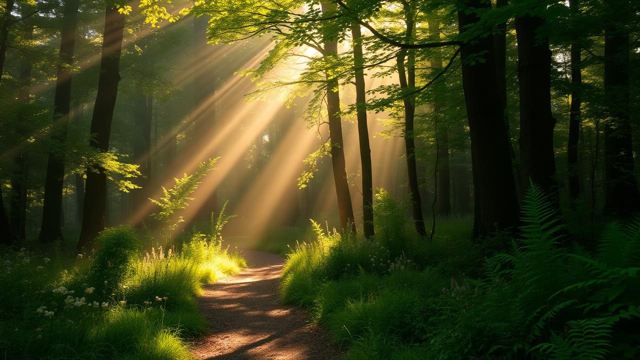 Misty forest path with sunlight